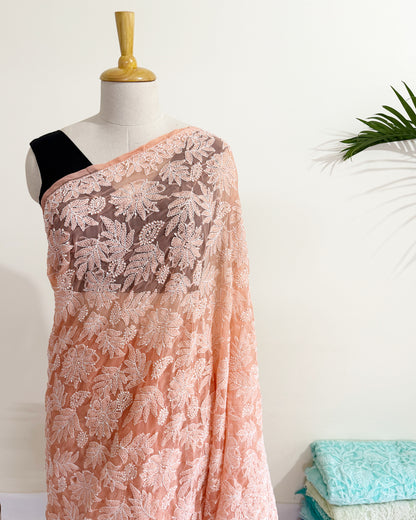 Elegant blush peach Chikankari saree with intricate floral jaal embroidery and soft flowing fabric.