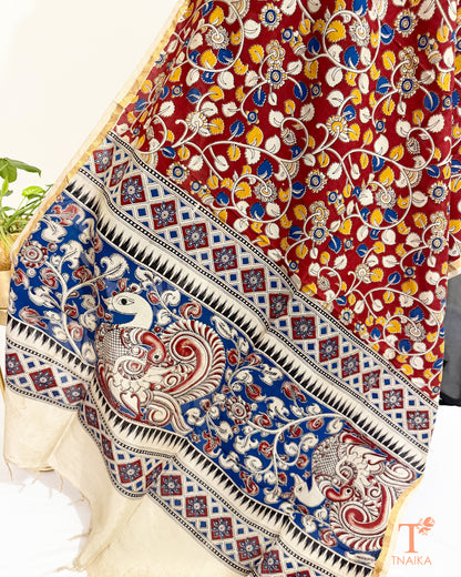 Hand block Kalamkari Nellore silk blend dupatta with fine zari border, traditional artisan prints and soft tassel detailing.