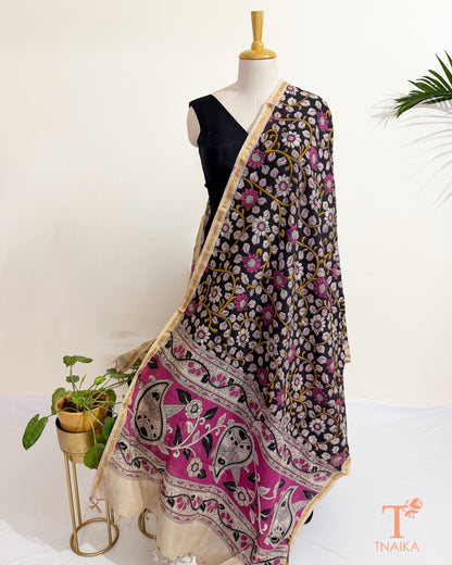 Hand block Kalamkari Nellore silk blend dupatta with fine zari border, traditional artisan prints and soft tassel detailing.