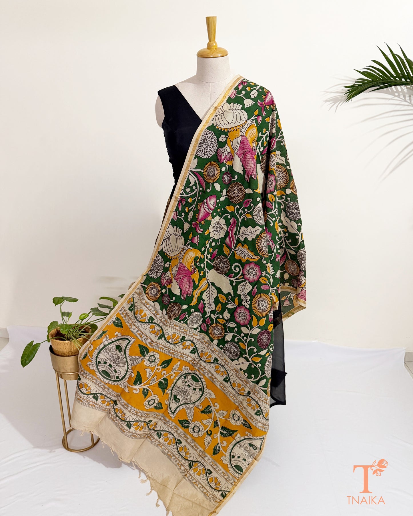 Hand block Kalamkari Nellore silk blend dupatta with fine zari border, traditional artisan prints and soft tassel detailing.
