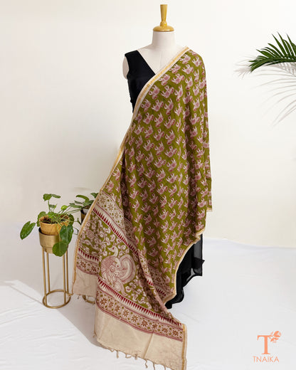 Hand block Kalamkari Nellore silk blend dupatta with fine zari border, traditional artisan prints and soft tassel detailing.