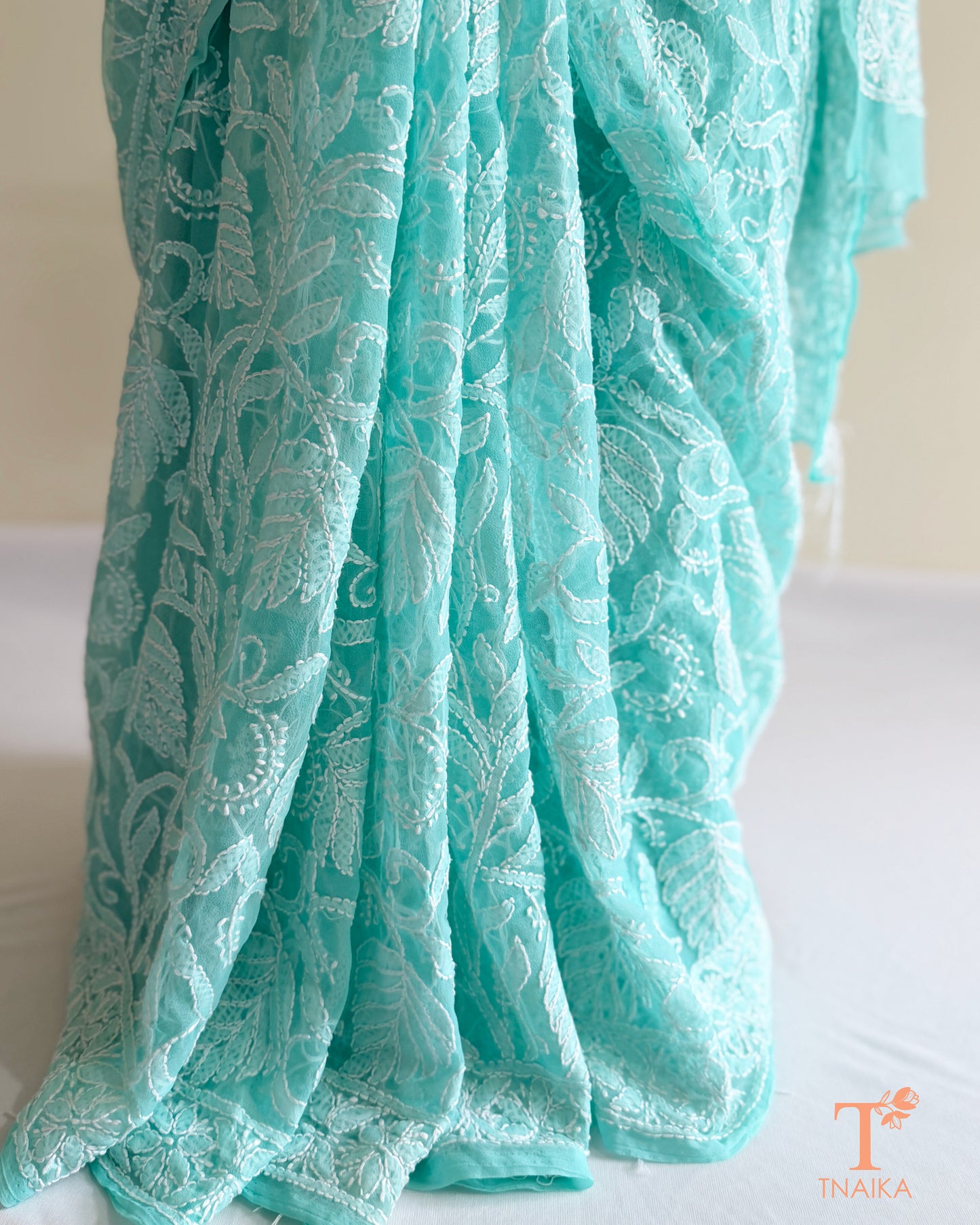 Aqua blue embroidered Chikankari saree with delicate all-over floral design