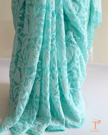 Aqua blue embroidered Chikankari saree with delicate all-over floral design
