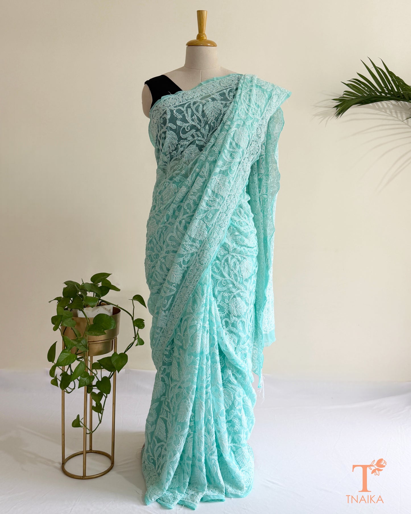 Luxury Lucknowi Chikankari saree in soft aqua blue with intricate embroidery