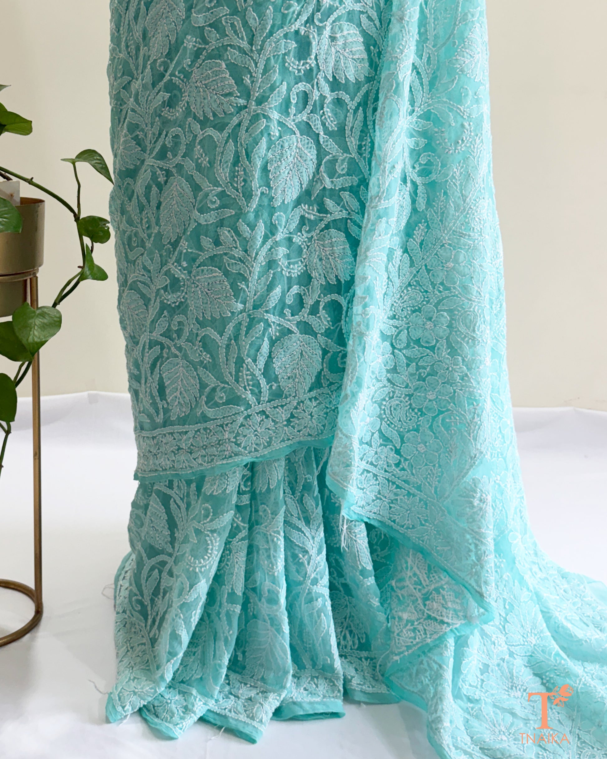 Floral Chikankari embroidered aqua blue saree for festive and occasion wear