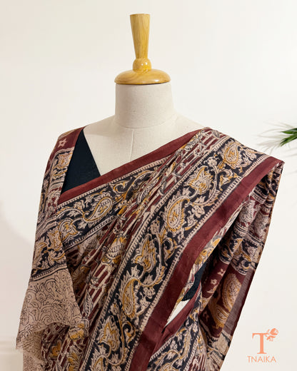 Elegant Kalamkari hand block printed saree with detailed artisan craftsmanship.