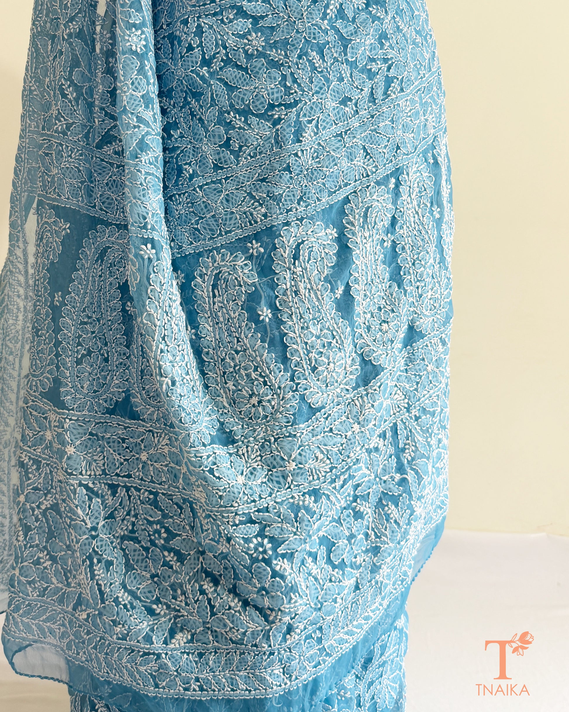 Luxury powder blue embroidered Chikankari saree with intricate paisley and vine motifs.