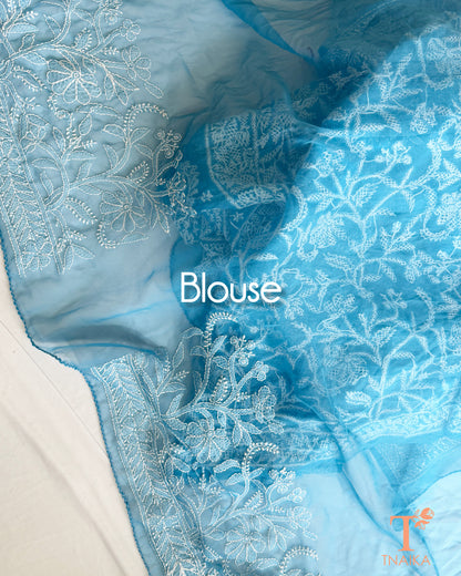 Floral and paisley embroidered powder blue Chikankari saree with running blouse for festive and occasion wear.