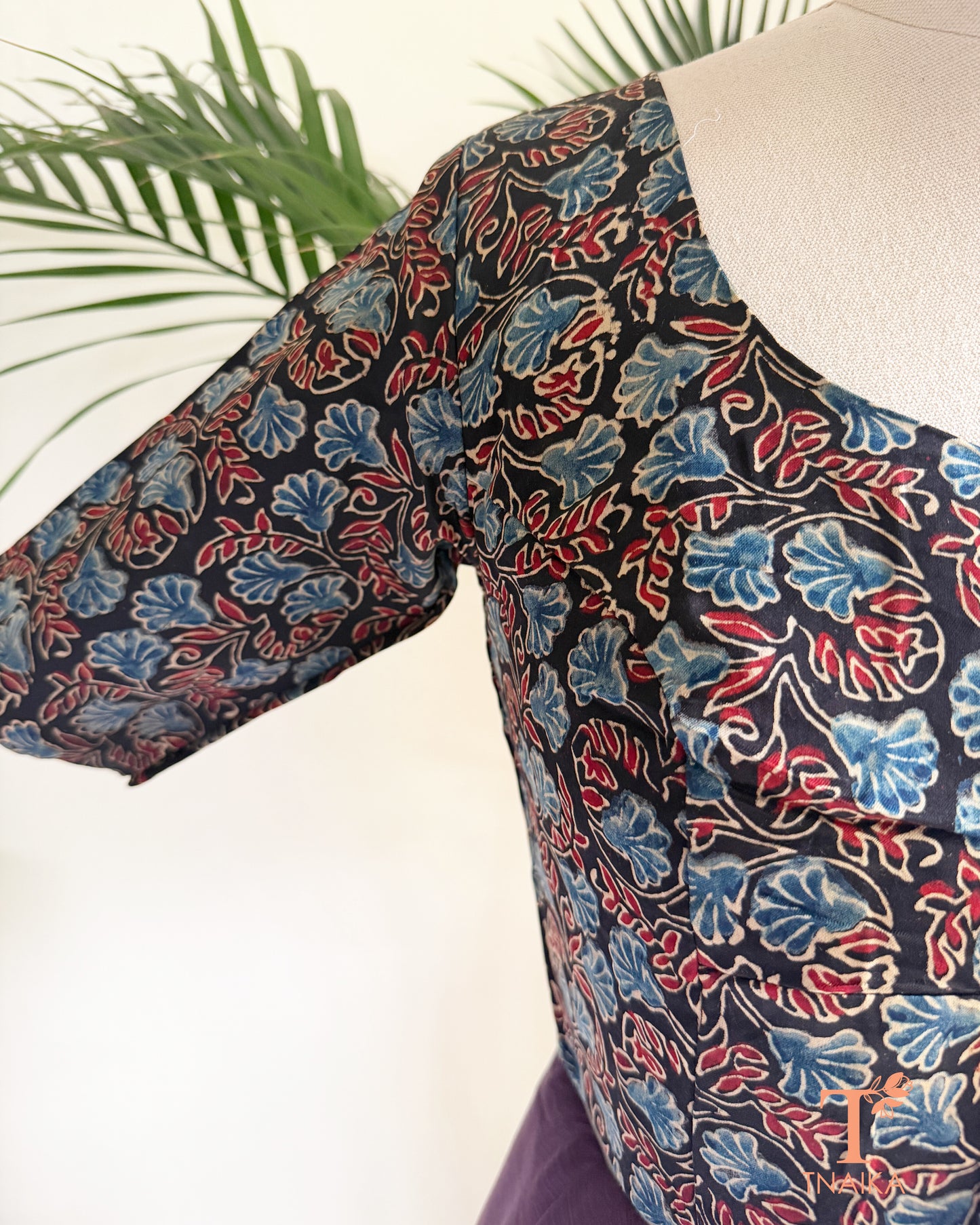 Hand block print modal silk readymade blouse with heritage-inspired motifs and half sleeves.