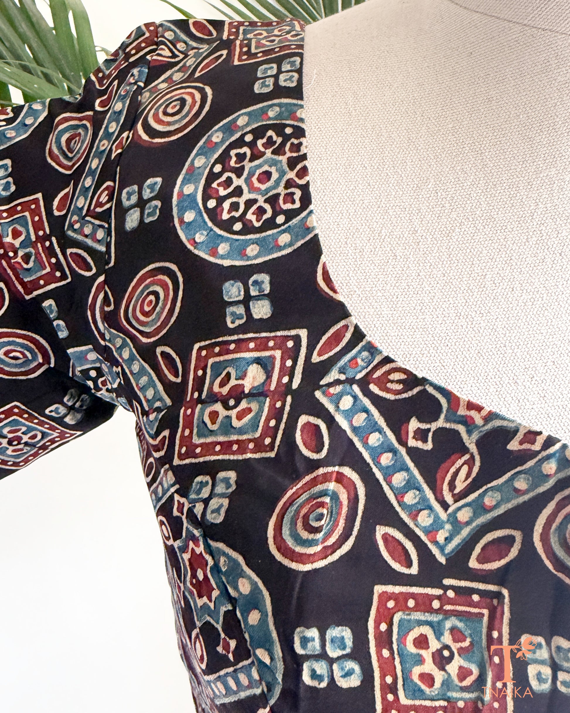 Modal silk blouse featuring traditional geometric hand block print.