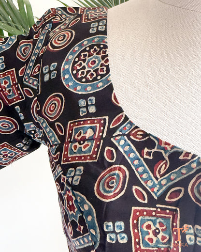 Modal silk blouse featuring traditional geometric hand block print.