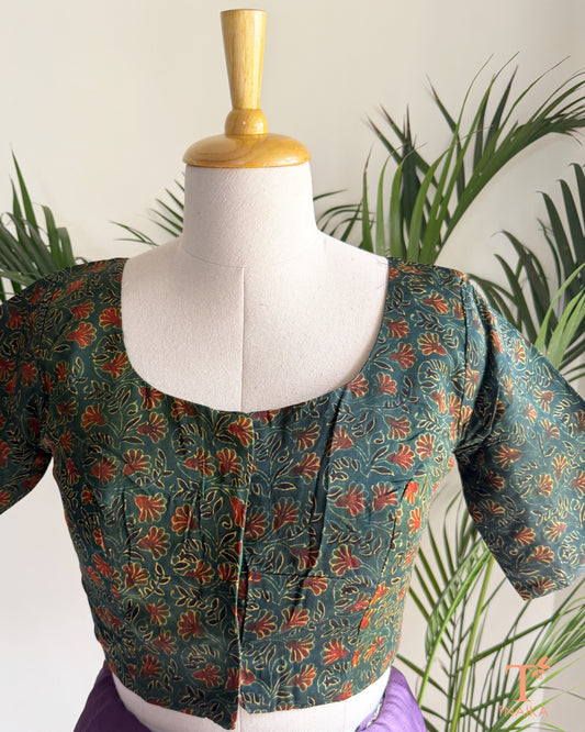 Hand block print modal silk readymade blouse with heritage-inspired motifs and half sleeves.