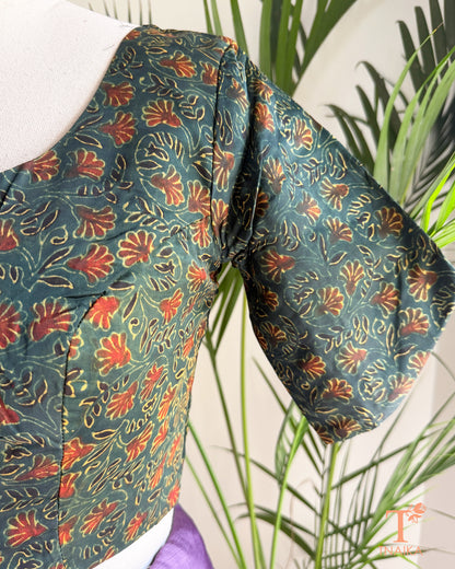 Blue modal silk blouse with heritage geometric hand block print and round neckline.