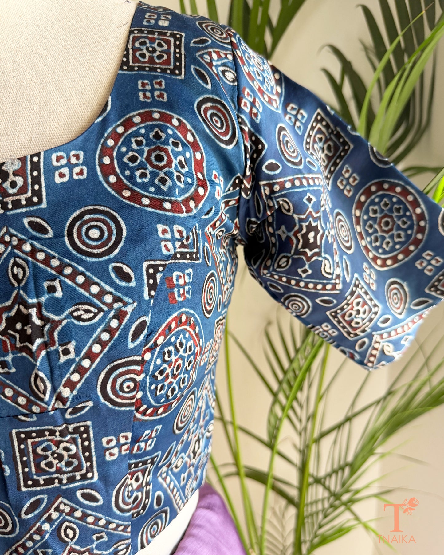 and block print modal silk readymade blouse with heritage-inspired motifs and half sleeves.