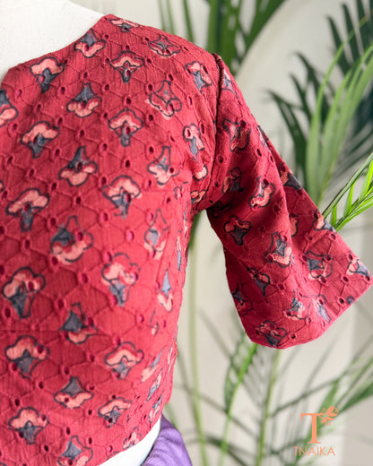 Maroon Hakoba cotton blouse featuring authentic Ajrakh hand block printed motifs and eyelet embroidery.