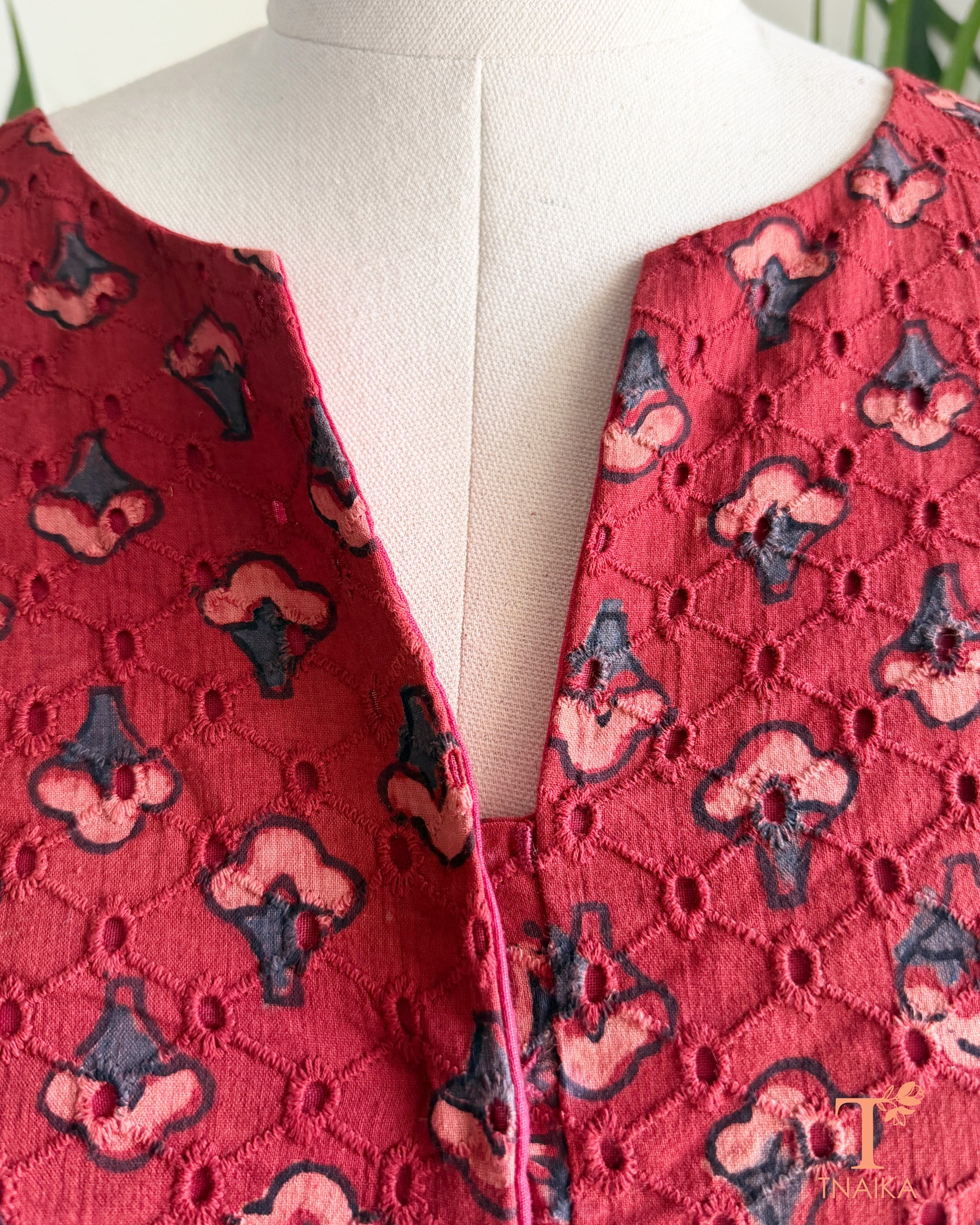 Hakoba cotton blouse with artisan hand block printed motifs and embroidered detailing.