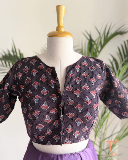 Charcoal black Hakoba blouse with traditional Ajrakh hand block print and embroidered texture.