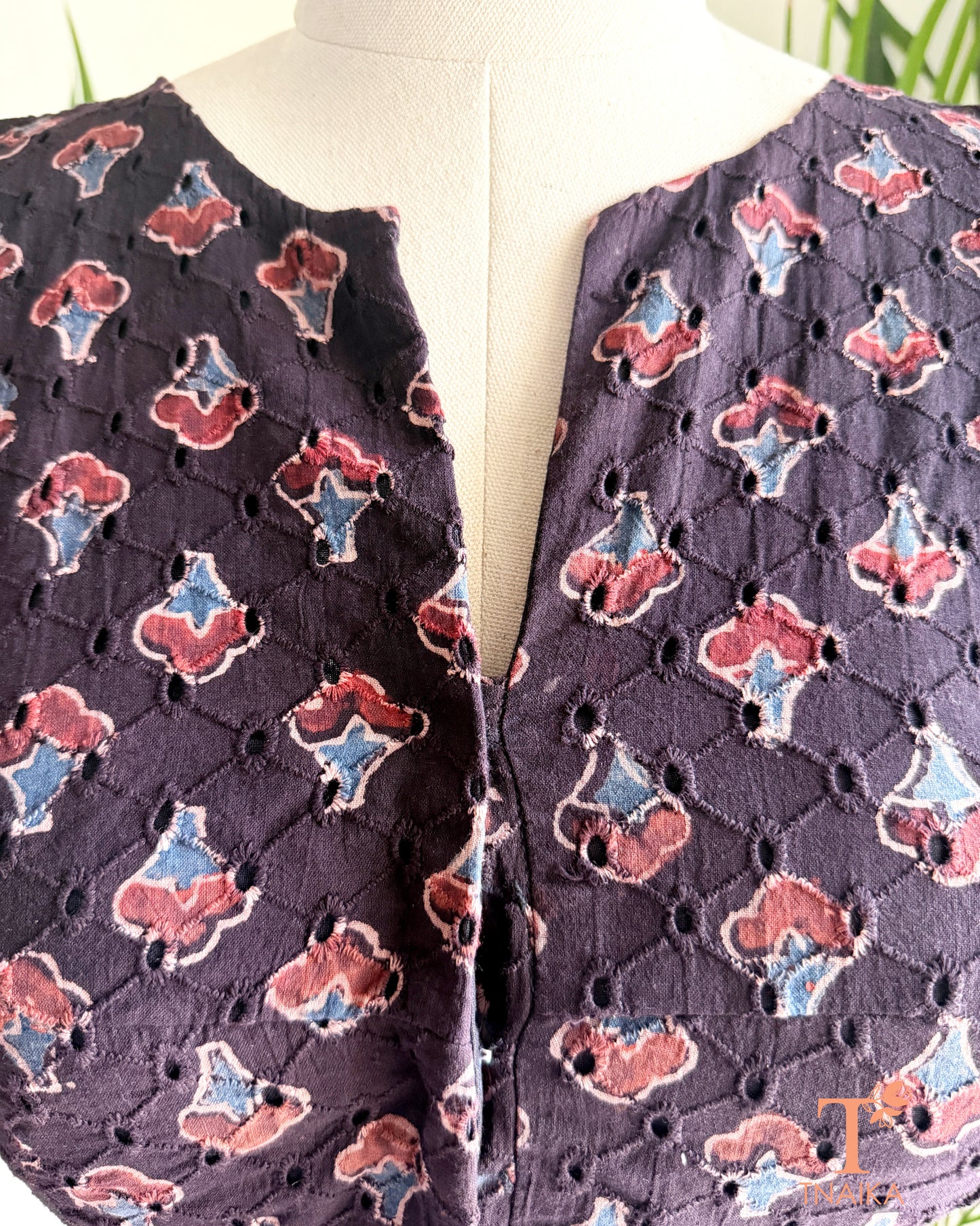 Hakoba cotton blouse featuring authentic Ajrakh hand block printed motifs and eyelet embroidery.