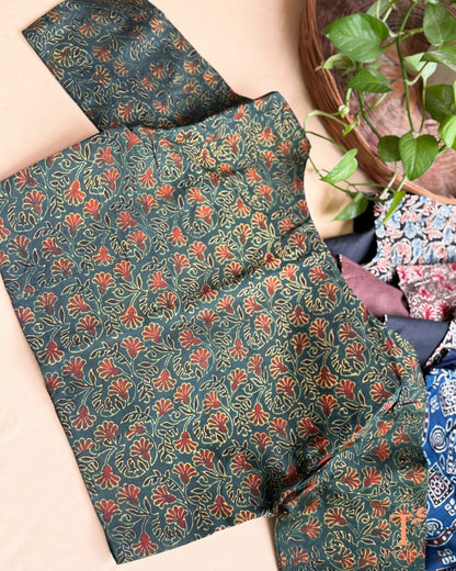 Close-up of hand block print modal silk blouse sleeve showing artisan-inspired motifs.
