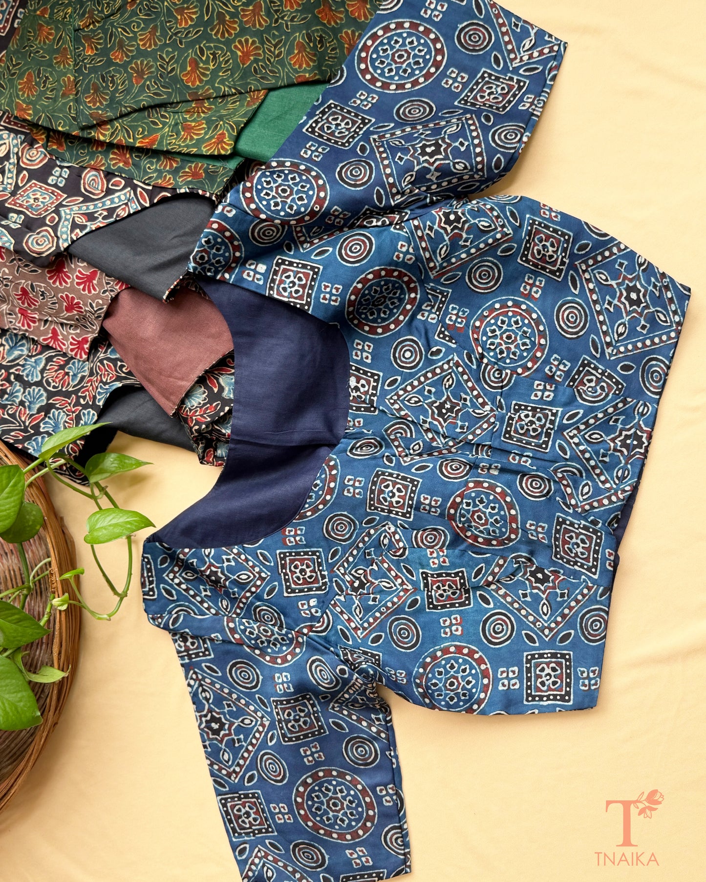 Charcoal modal silk blouse featuring traditional geometric hand block print.