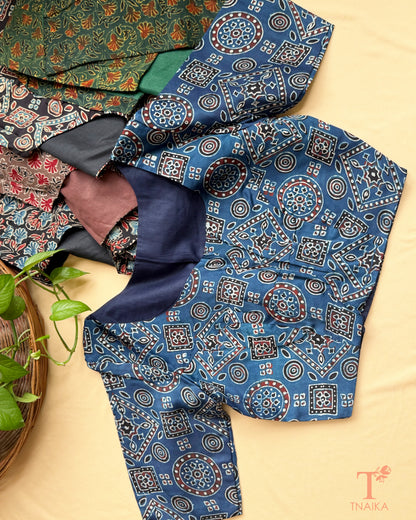 Charcoal modal silk blouse featuring traditional geometric hand block print.