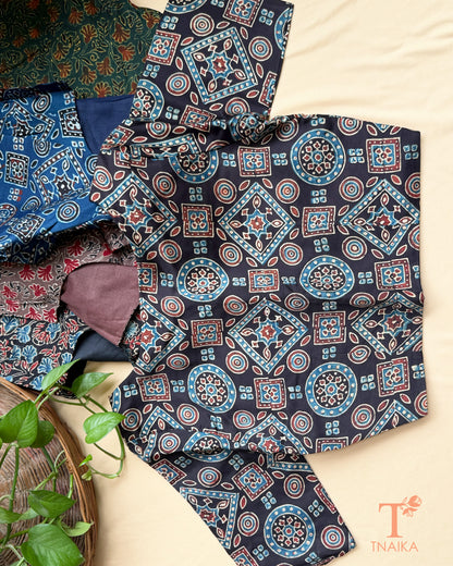 Hand block print modal silk readymade blouse with heritage-inspired motifs and half sleeves.