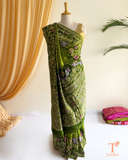 Elegant woven Bandhej Dupion Silk saree for weddings and festive occasions.