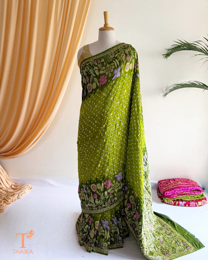 Meenakari Kanjivaram inspired Bandhej Dupion Silk saree with rich woven floral border.