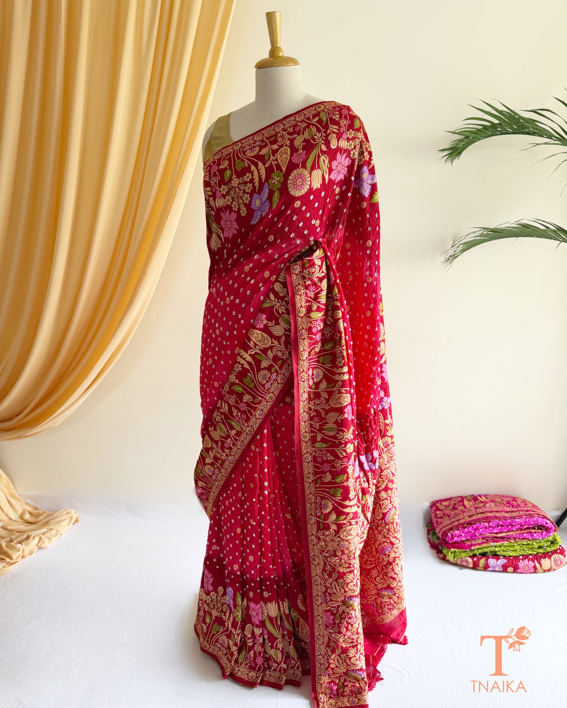 Elegant woven Bandhej Dupion Silk saree for weddings and festive occasions.