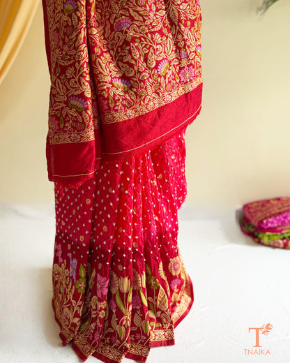 Festive Bandhej Dupion Silk saree featuring a rich woven border and pallu.