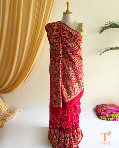 Premium Bandhej Dupion Silk saree featuring intricate Meenakari woven motifs.