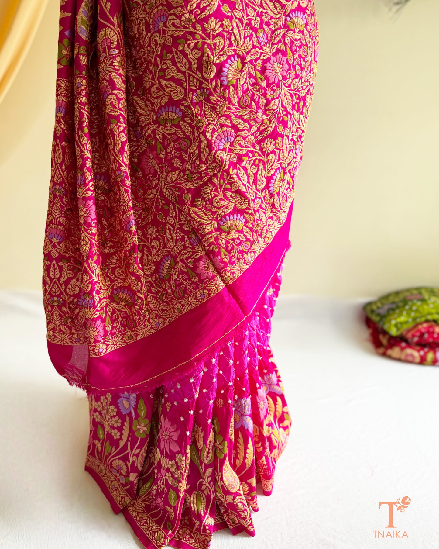 Original Bandhej Dupion Silk Saree with Floral Meenakari Weave