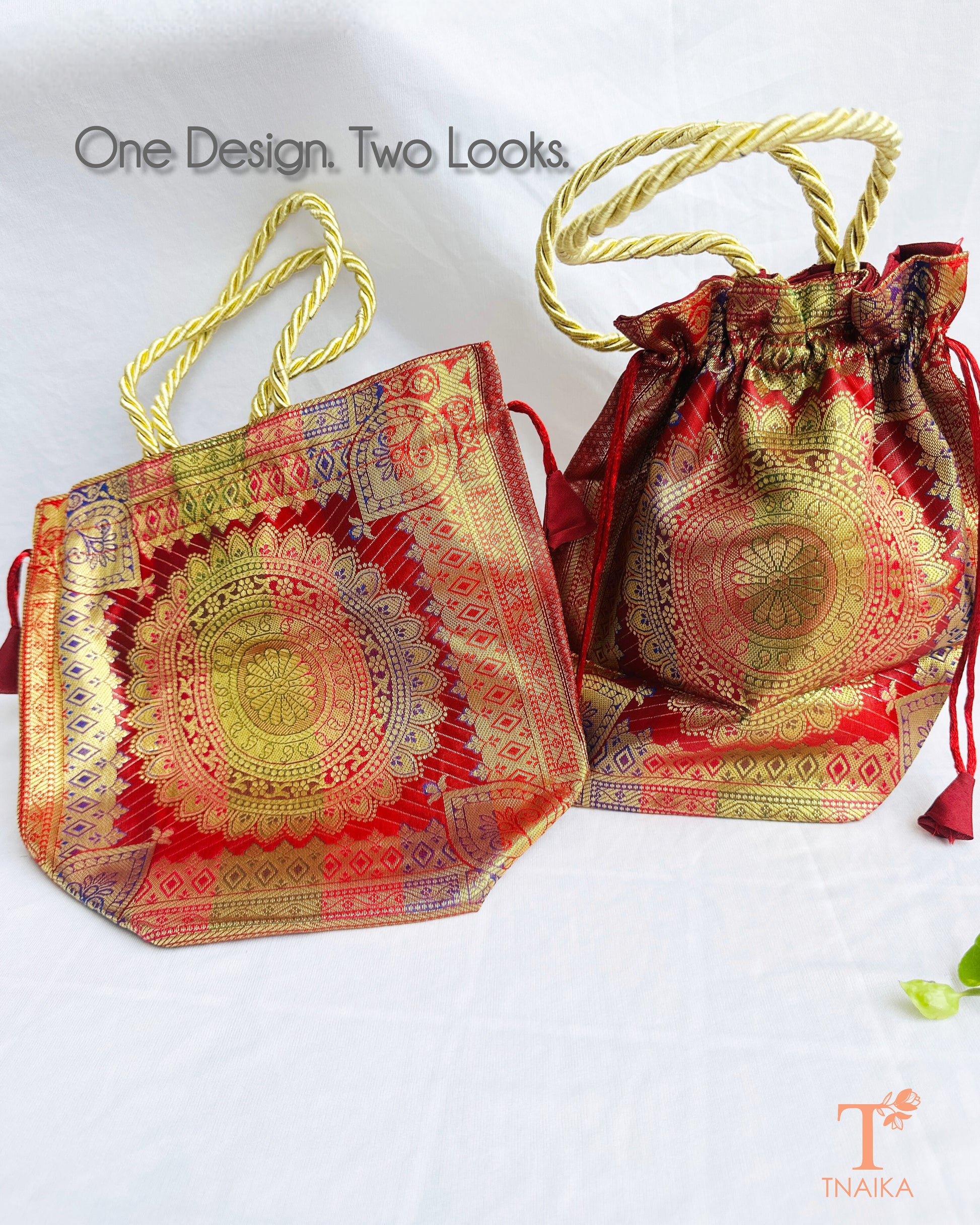 Premium Banarasi brocade 2-in-1 women's ethnic bag with versatile tote and potli design, ideal for weddings, festive wear, and gifting.