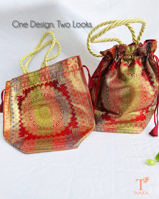 Premium Banarasi brocade 2-in-1 women's ethnic bag with versatile tote and potli design, ideal for weddings, festive wear, and gifting.