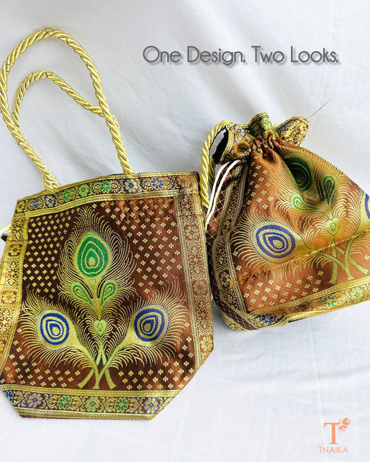 Banarasi 2-in-1 convertible bag that transforms from a tote bag into a traditional drawstring potli for festive and wedding occasions.