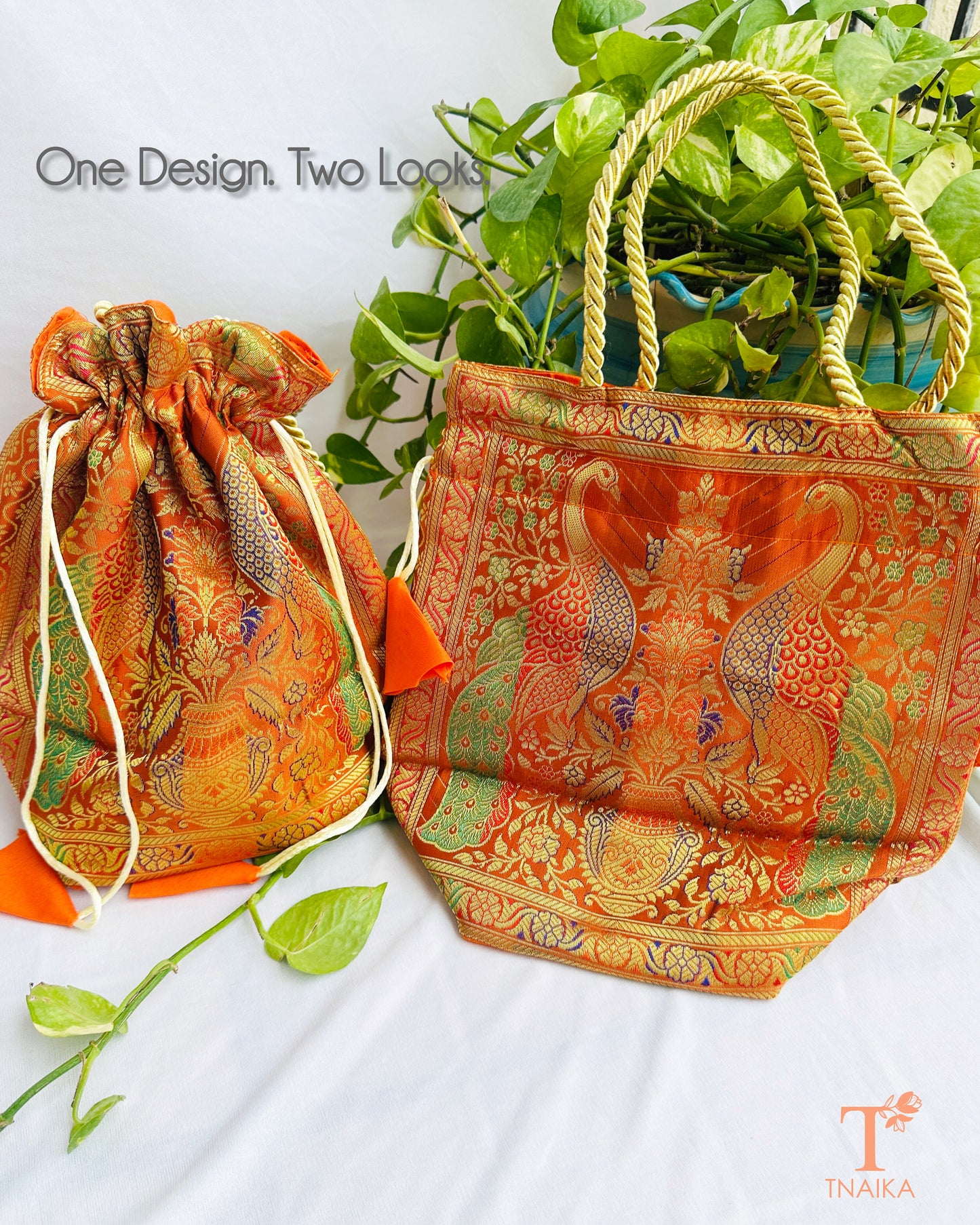 Traditional Banarasi woven fabric convertible handbag featuring dual styling as a tote bag or drawstring potli with rope handles.
