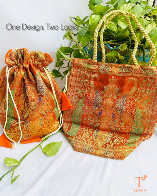 Traditional Banarasi woven fabric convertible handbag featuring dual styling as a tote bag or drawstring potli with rope handles.