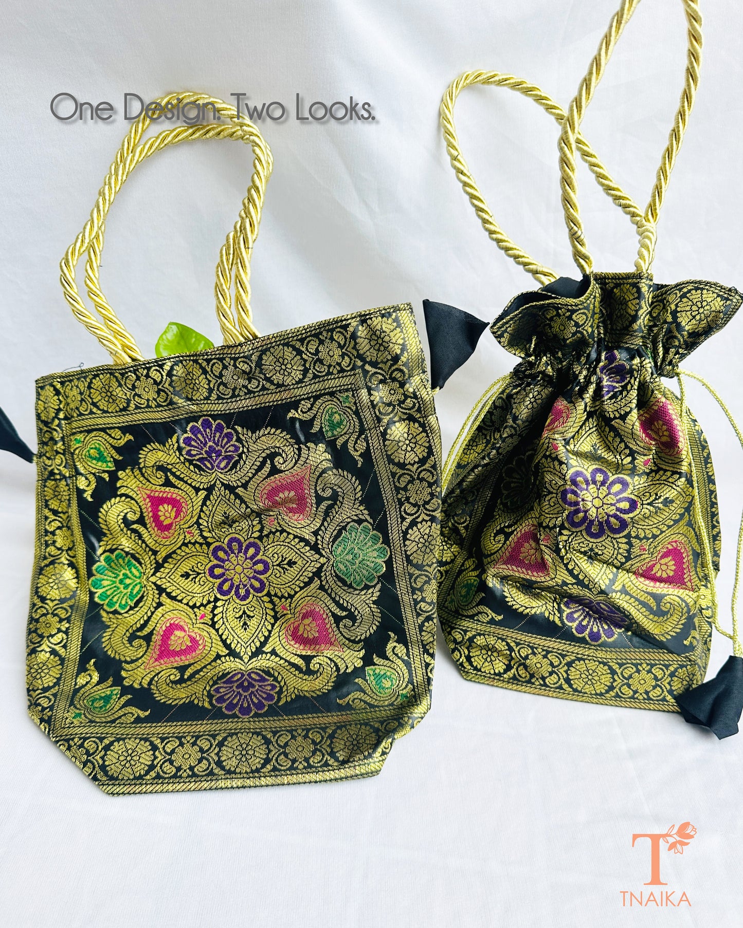 Handcrafted Banarasi brocade 2-in-1 ethnic bag with woven motifs, designed for use as both a spacious tote and an elegant potli.
