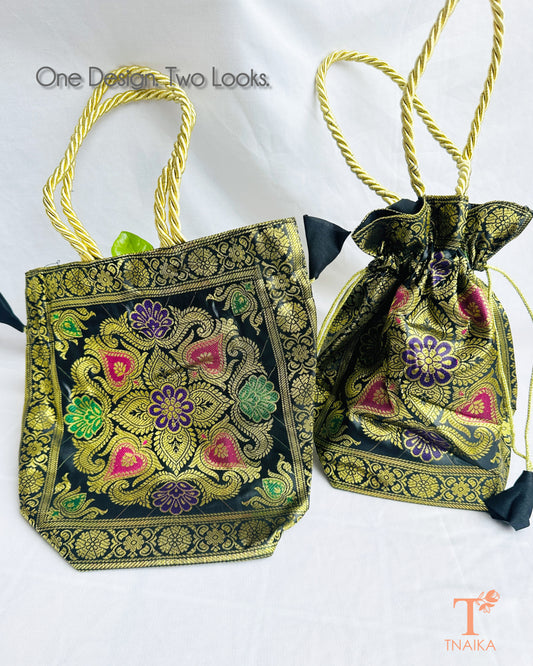 Handcrafted Banarasi brocade 2-in-1 ethnic bag with woven motifs, designed for use as both a spacious tote and an elegant potli.