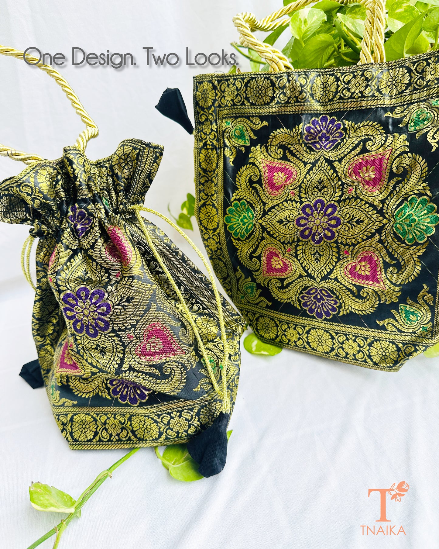 Traditional Banarasi woven fabric convertible handbag featuring dual styling as a tote bag or drawstring potli with rope handles.
