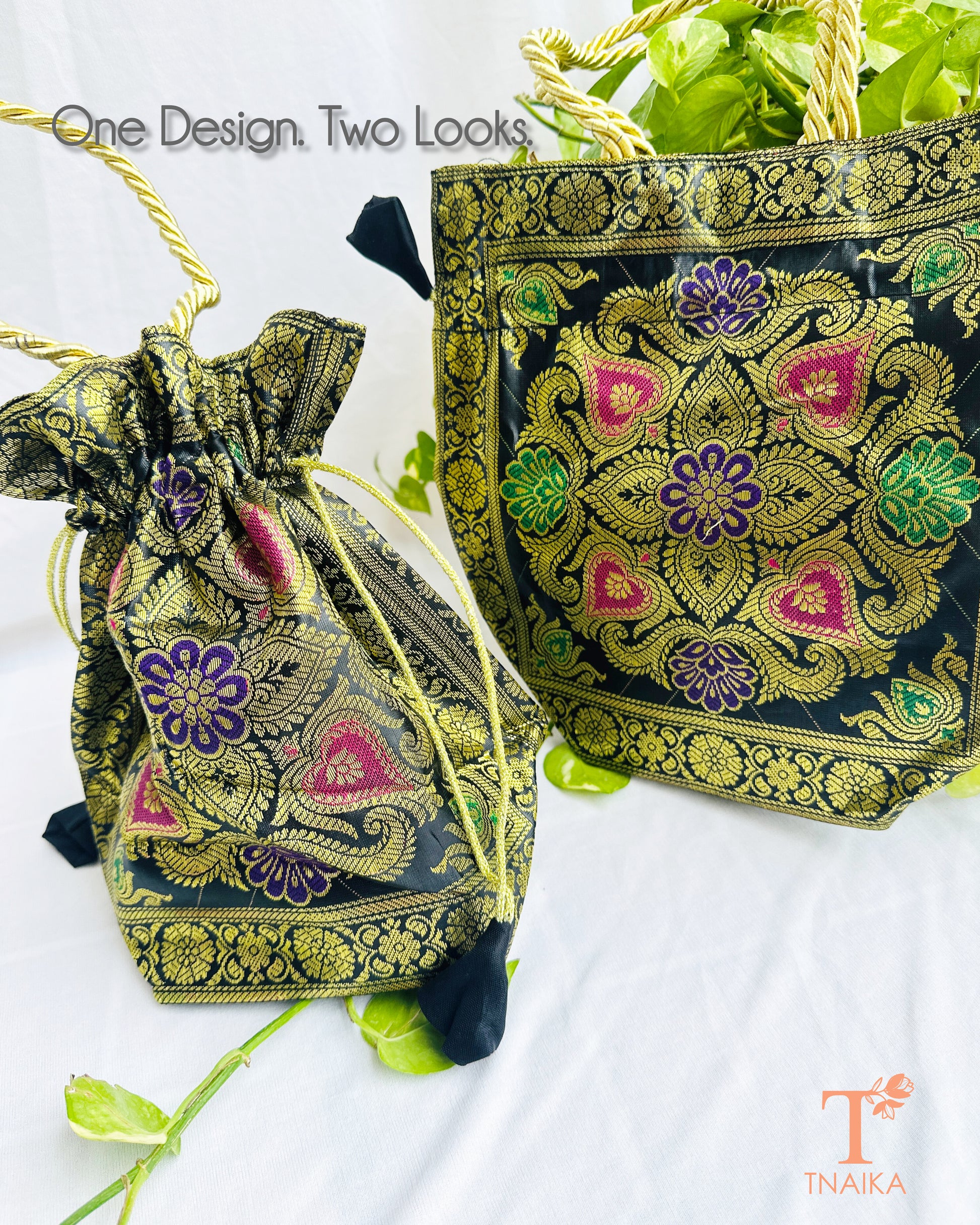 Traditional Banarasi woven fabric convertible handbag featuring dual styling as a tote bag or drawstring potli with rope handles.