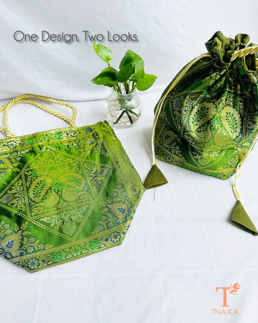 Handcrafted Banarasi brocade 2-in-1 ethnic bag with woven motifs, designed for use as both a spacious tote and an elegant potli.