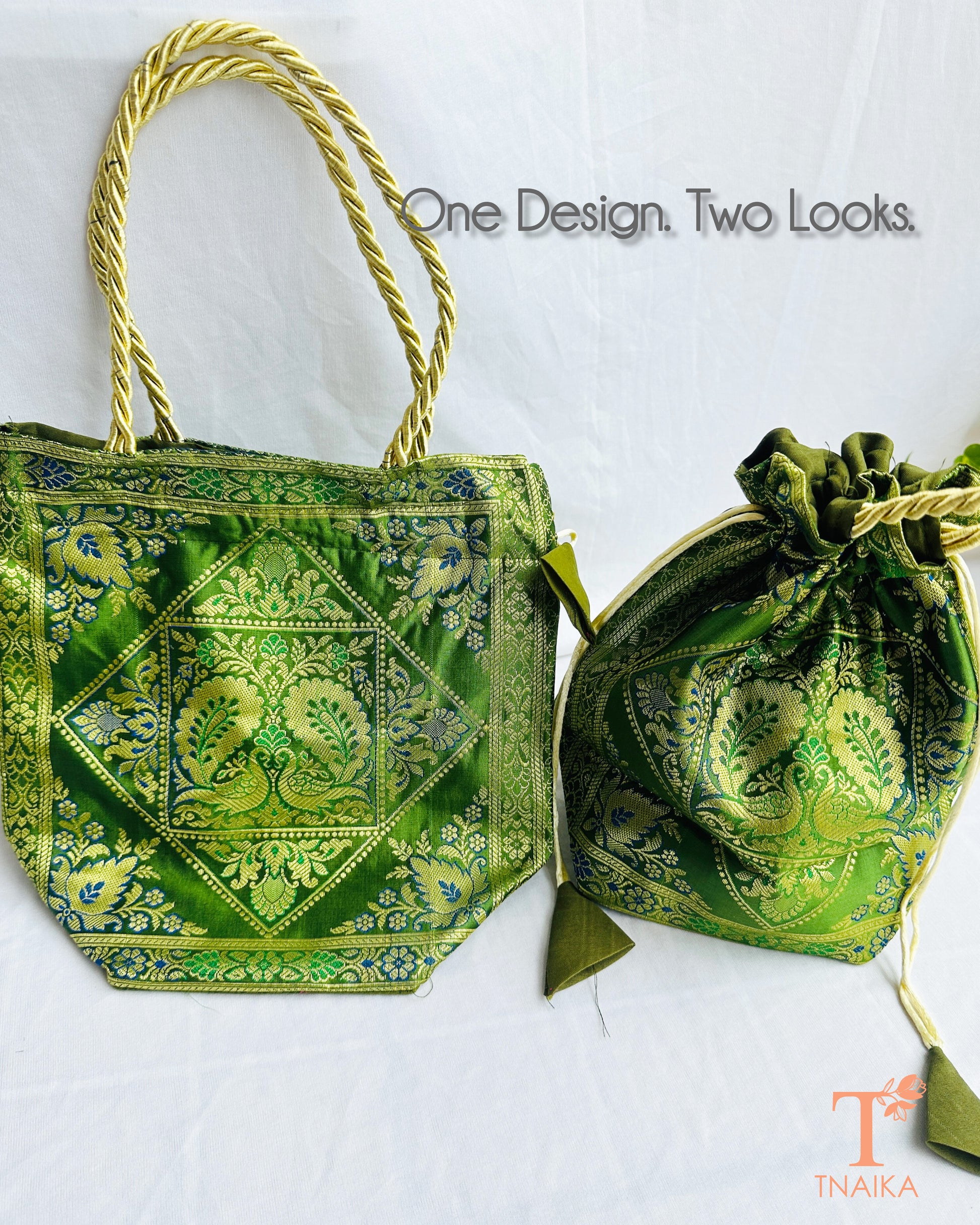 Banarasi 2-in-1 convertible bag that transforms from a tote bag into a traditional drawstring potli for festive and wedding occasions.