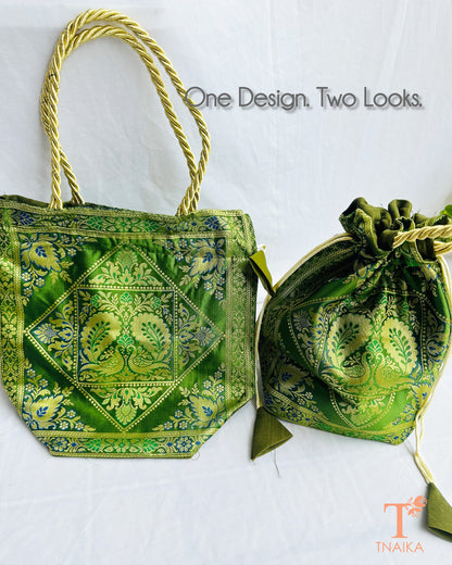 Banarasi 2-in-1 convertible bag that transforms from a tote bag into a traditional drawstring potli for festive and wedding occasions.