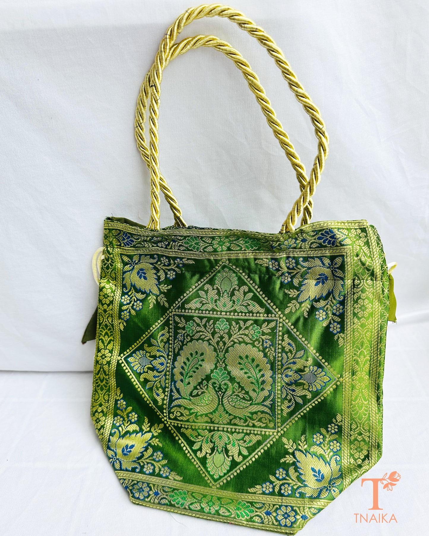 Premium Banarasi brocade 2-in-1 women's ethnic bag with versatile tote and potli design, ideal for weddings, festive wear, and gifting.