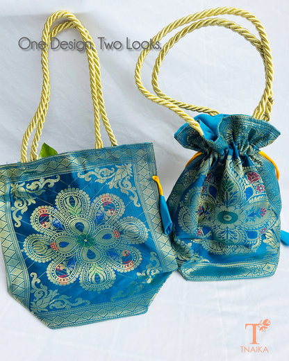 Premium Banarasi brocade 2-in-1 women's ethnic bag with versatile tote and potli design, ideal for weddings, festive wear, and gifting.