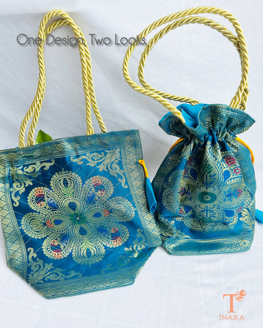 Premium Banarasi brocade 2-in-1 women's ethnic bag with versatile tote and potli design, ideal for weddings, festive wear, and gifting.