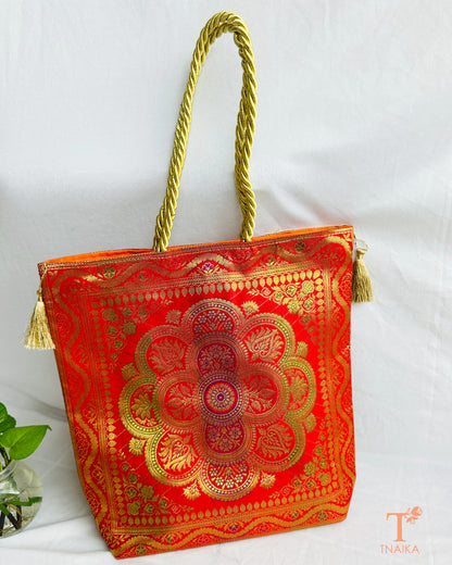 Handcrafted Banarasi bag featuring rich patterns and ethnic detailing