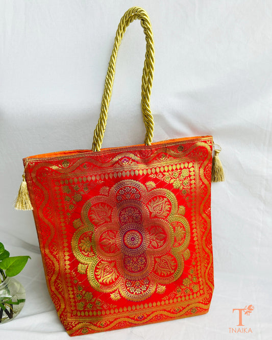 Handcrafted Banarasi bag featuring rich patterns and ethnic detailing