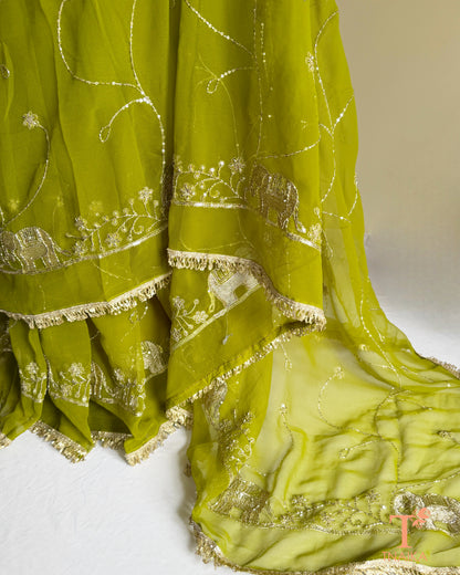 Lightweight georgette saree featuring embroidered elephant border and lace detailing